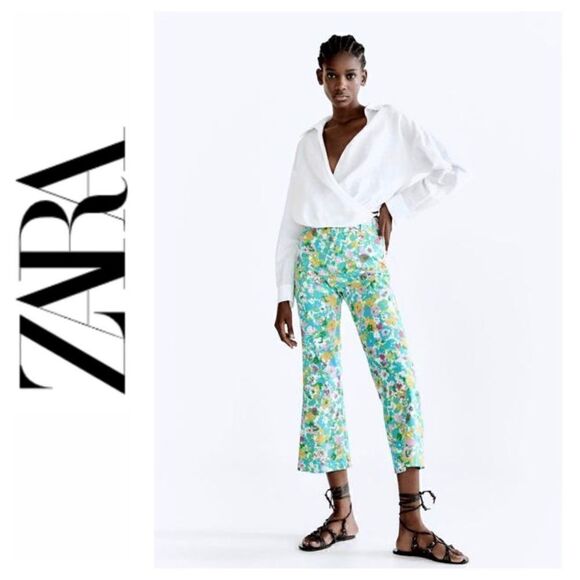 NWT Zara Floral Printed Linen Blend High Waisted Cropped Flare Trousers, Size 4 - Picture 1 of 16